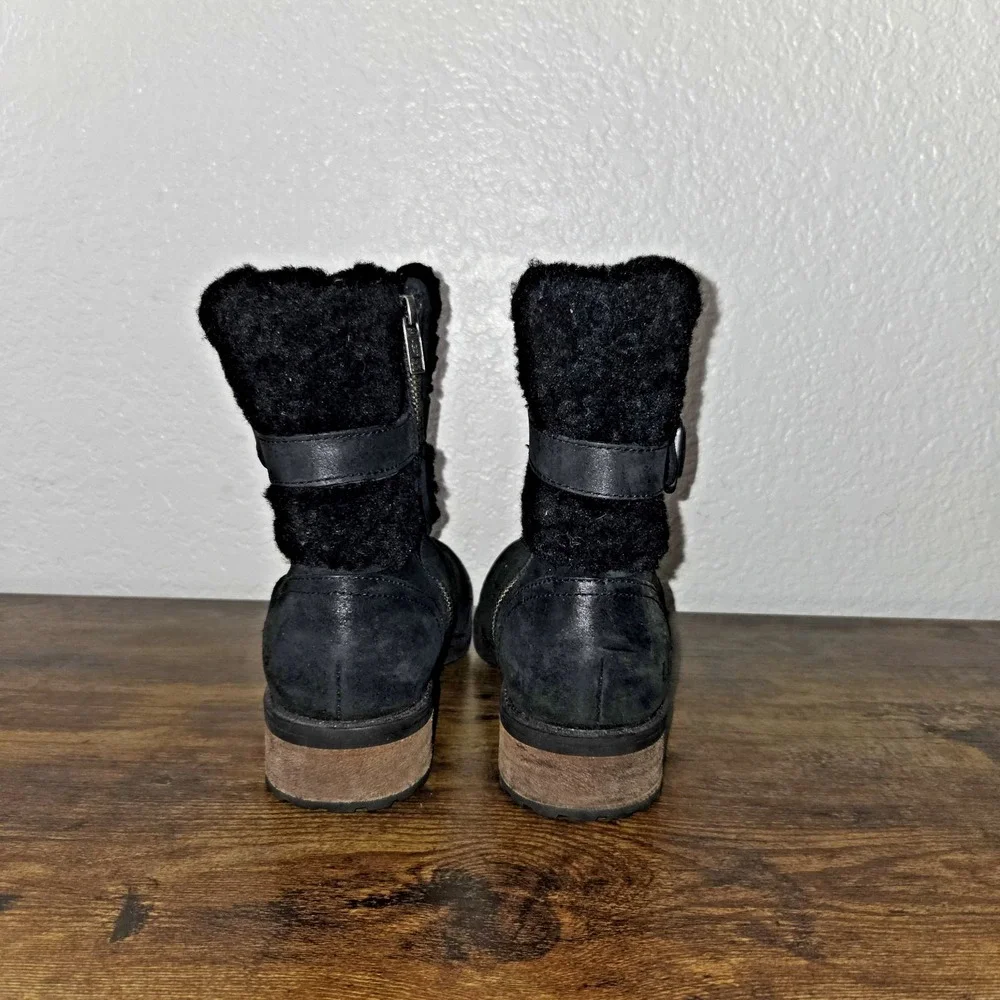 UGG Simmens Boot Women 5.5 Black Waterproof Leather Shearling Moto 1008220